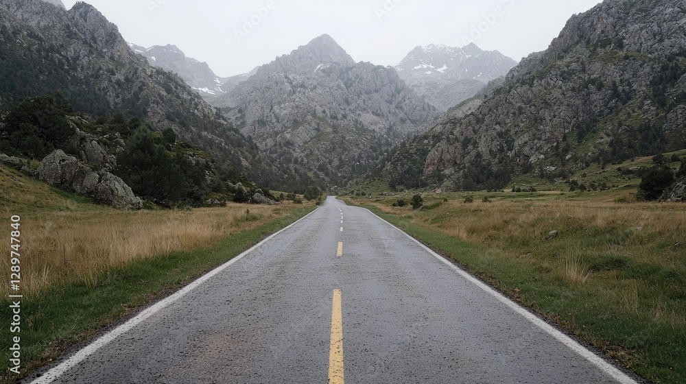 Naklejka premium Mountain Road Through Valley Landscape, Peaceful Travel Destination
