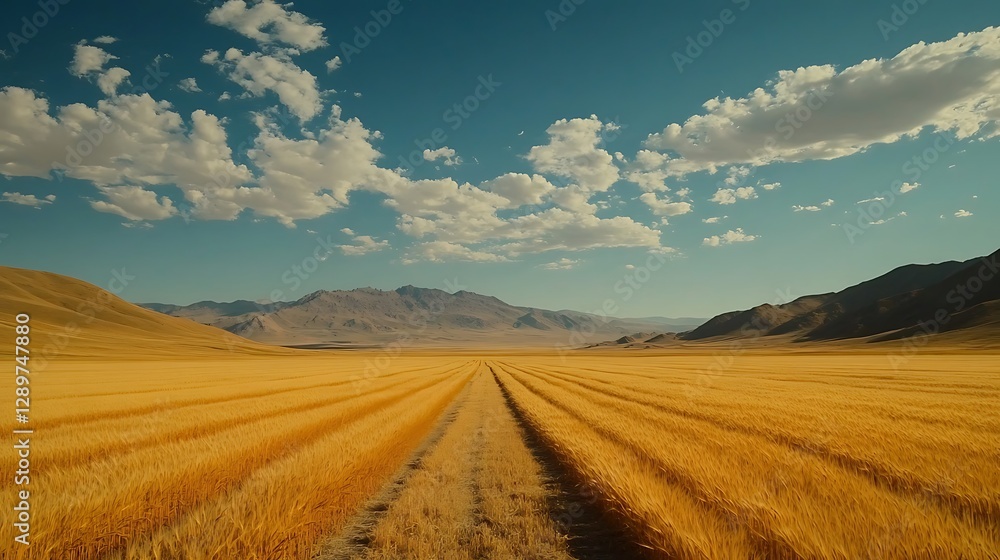 A vast field of wheat stretches towards the mountains under a sky A vast field of wheat stretches towards the mountains under a sky