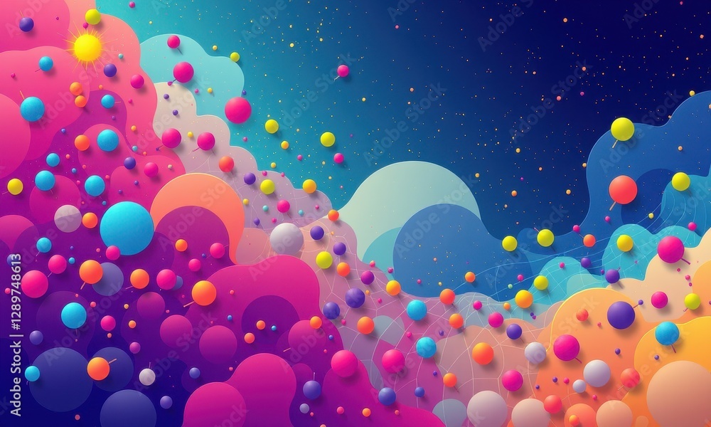 Vibrant Abstract Landscape with Multicolored Spheres and Dynamic Gradient Background Depicting Cosmic and Dreamlike Scenery in a Surreal Style Vibrant Abstract Landscape with Multicolored Spheres and Dynamic Gradient Background Depicting Cosmic and Dreamlike Scenery in a Surreal Style