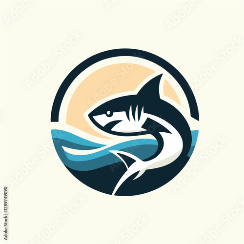 Stylized shark emblem with wave and sun design for marine life conservation, ocean awareness campaigns, or nautical themed branding projects.