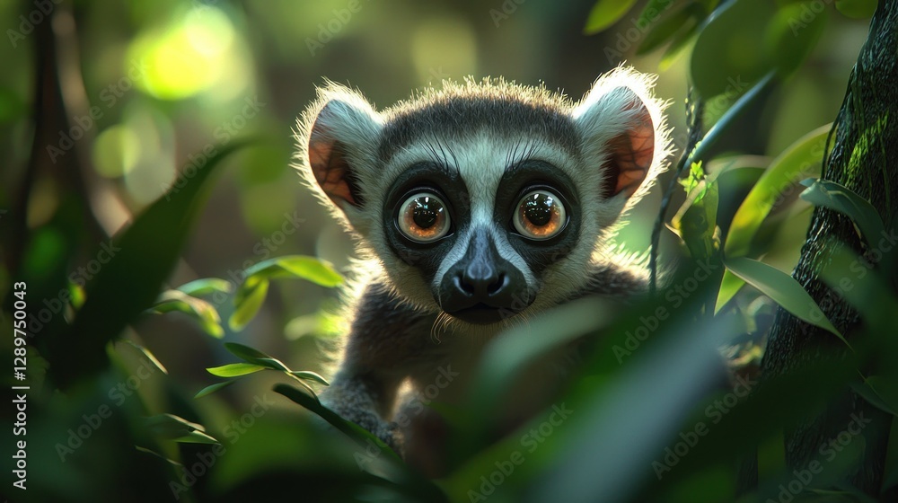 Adorable ring-tailed lemur baby peeking from lush foliage. Adorable ring-tailed lemur baby peeking from lush foliage.
