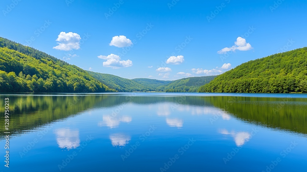 Serene Lake Landscape with Blue Water and Green Hills under a Sunny Sky