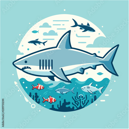 Cartoon illustration of a great white shark swimming in the ocean with other fish, coral, and clouds, for children's books and educational resources