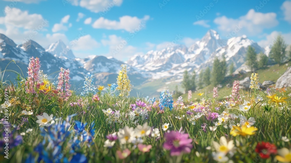 Vibrant wildflowers bloom in a mountain meadow under a bright blue sky. Vibrant wildflowers bloom in a mountain meadow under a bright blue sky.