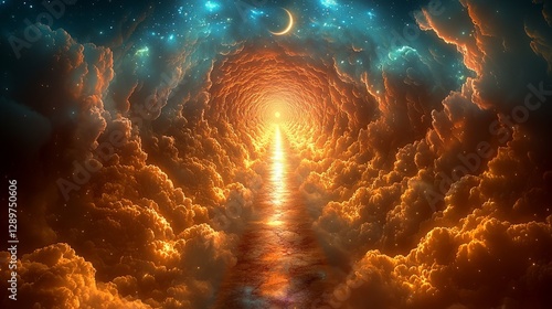 A glowing heavenly tunnel leads toward the bright celestial light