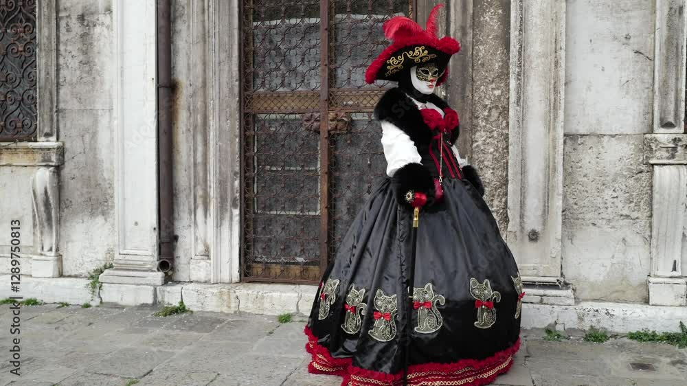 Venice, Italy - People dressed in carnival masks are photographed by tourists in the scenery of the ancient Venetian palaces Venice, Italy - People dressed in carnival masks are photographed by tourists in the scenery of the ancient Venetian palaces