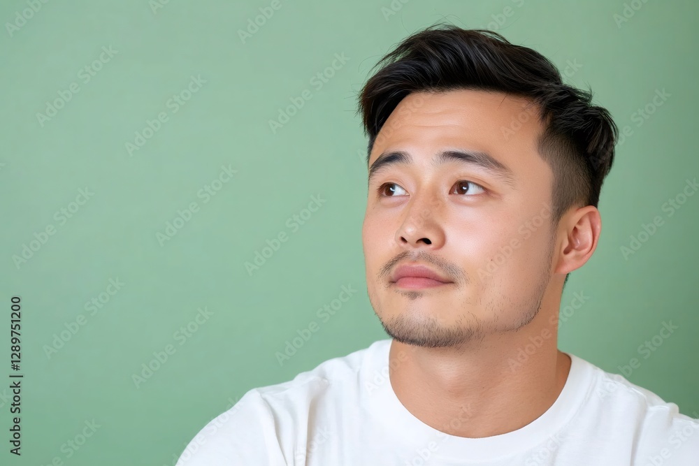 Fototapeta premium Young asian man looking up on green background contemplating