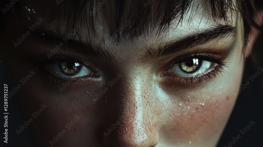 Close-up portrait of a woman's intense eyes, freckles, and subtly wet skin. Close-up portrait of a woman's intense eyes, freckles, and subtly wet skin.