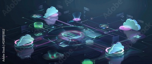 Interconnected cloud platforms show a multi-cloud environment, flowing data streams, and floating monitoring interfaces text displays.