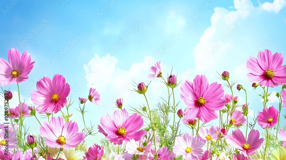 Pink Cosmos Flowers Under a Bright Blue Sky Pink Cosmos Flowers Under a Bright Blue Sky