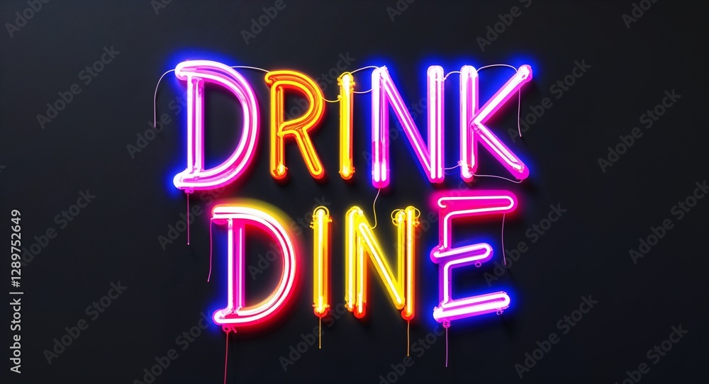 Obraz premium drink and dine colorful neon graffiti lettering on plain black background