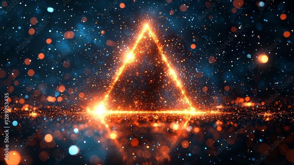 Glowing golden triangle surrounded by sparkling particles in space Glowing golden triangle surrounded by sparkling particles in space