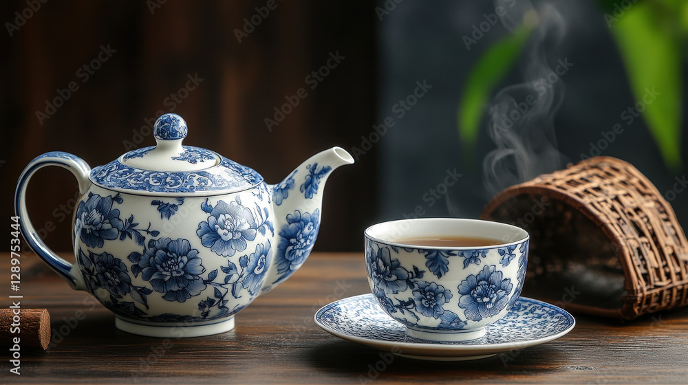 A traditional Chinese porcelain tea set with blue floral patterns A traditional Chinese porcelain tea set with blue floral patterns