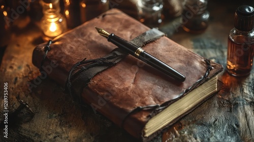Leather journal, fountain pen, and apothecary bottles on wooden table.