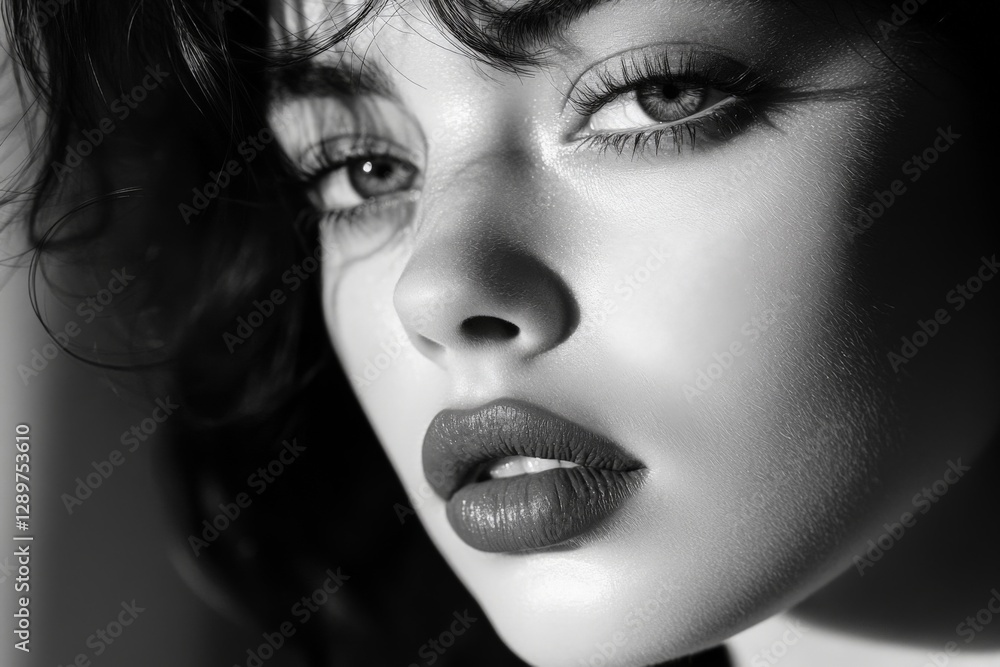 Close-up of a woman with striking features and captivating gaze in black and white lighting Close-up of a woman with striking features and captivating gaze in black and white lighting