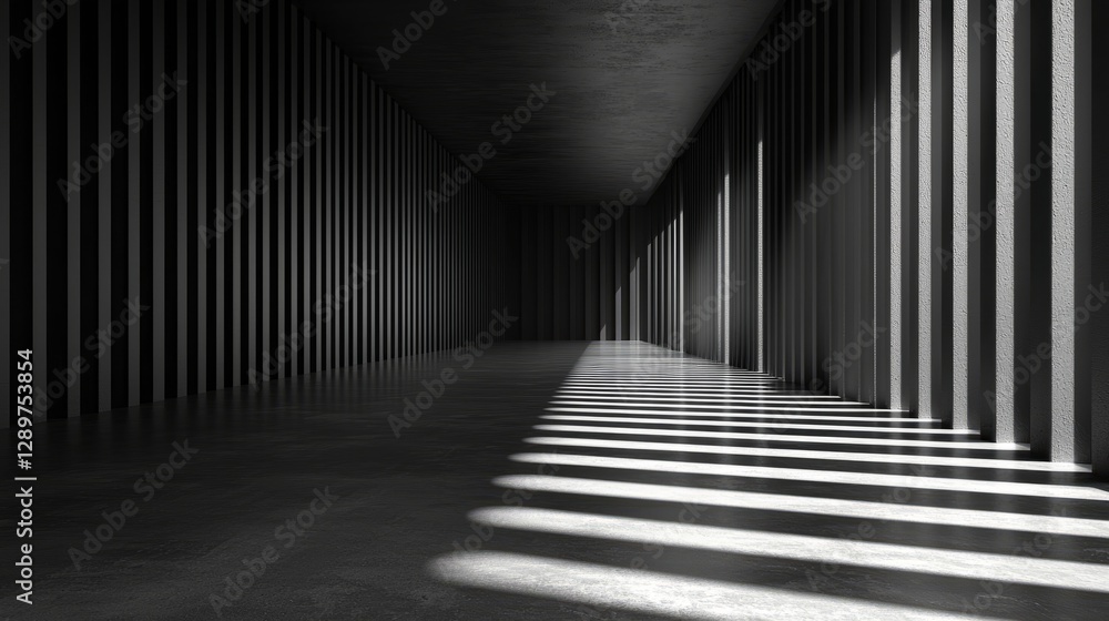 Dark interior corridor with vertical lines and shadows of sunlight Dark interior corridor with vertical lines and shadows of sunlight