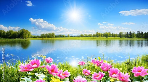 Serene Lakeside Summer Landscape with Pink Flowers