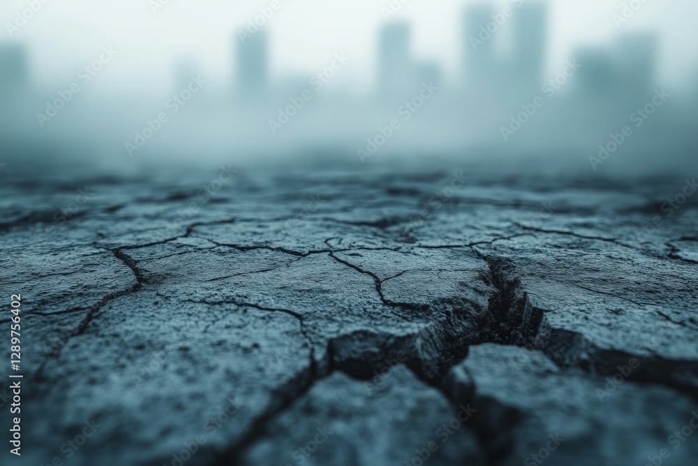 Obraz premium Cracked earth surrounded by foggy urban skyline conveys a sense of climate change impact and urban decay