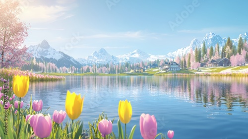 Spring Landscape with Tulips and Mountains