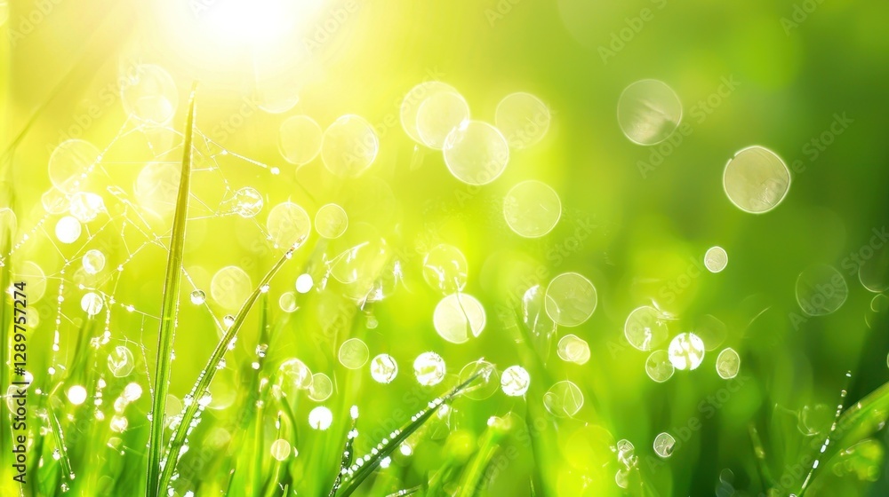 Obraz premium Dew-kissed grass in morning sunlight.