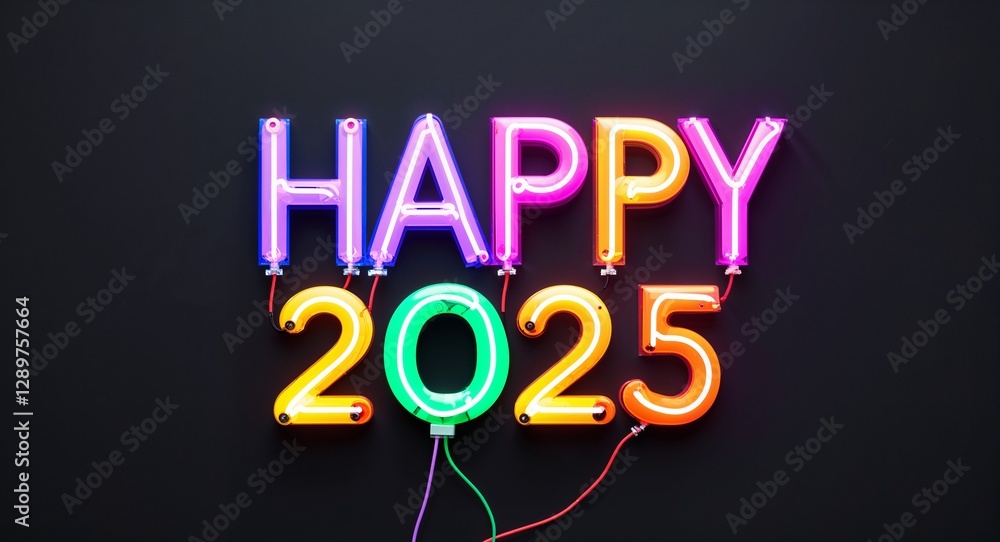 Obraz premium happy 2025 colorful neon graffiti lettering on plain black background