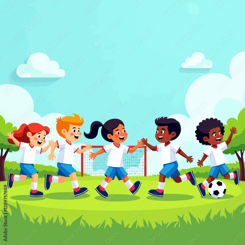 Happy children playing soccer on a sunny day, celebrating teamwork and outdoor fun on a grassy field. Happy children playing soccer on a sunny day, celebrating teamwork and outdoor fun on a grassy field.