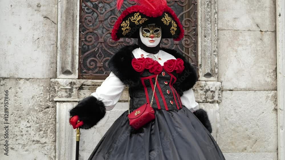 Venice, Italy - People dressed in carnival masks are photographed by tourists in the scenery of the ancient Venetian palaces Venice, Italy - People dressed in carnival masks are photographed by tourists in the scenery of the ancient Venetian palaces