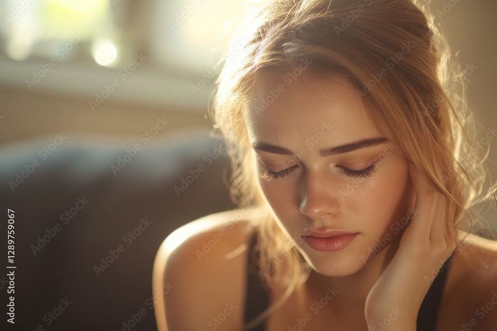 Young woman with closed eyes relaxing in a cozy indoor space during soft afternoon light Young woman with closed eyes relaxing in a cozy indoor space during soft afternoon light