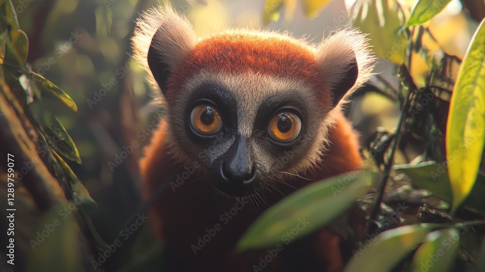Curious red-fronted lemur peering from foliage. Curious red-fronted lemur peering from foliage.