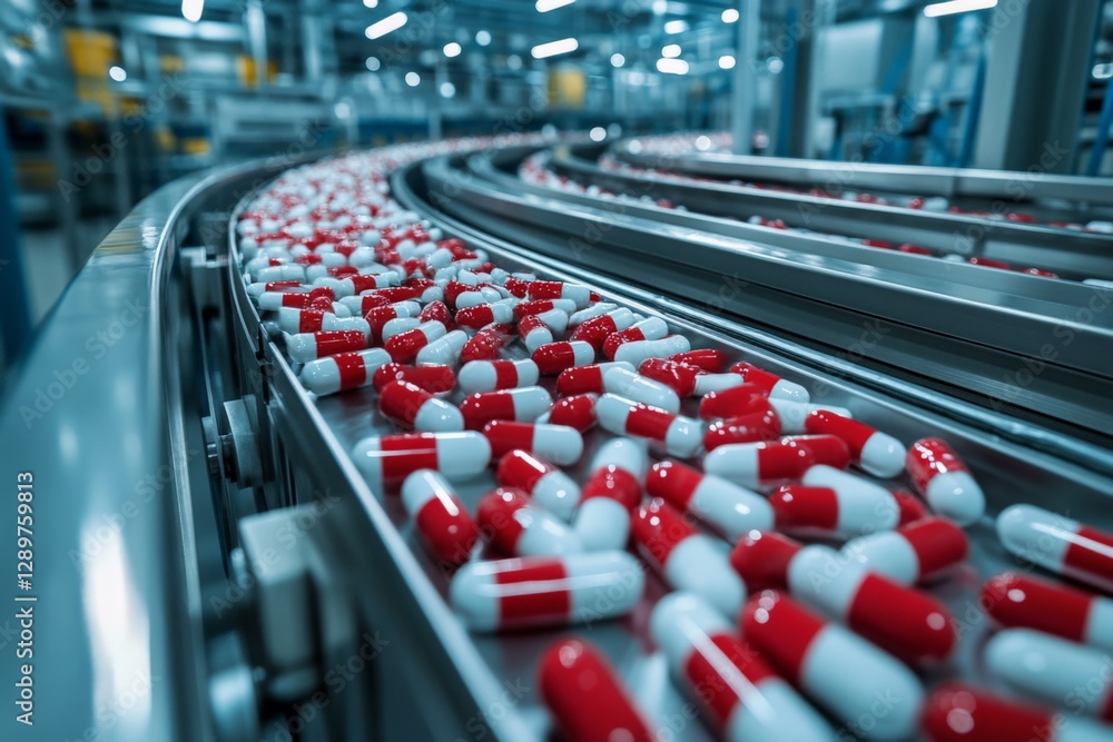 Obraz premium Manufacturing process of red and white capsules on conveyor belt in a pharmaceutical facility
