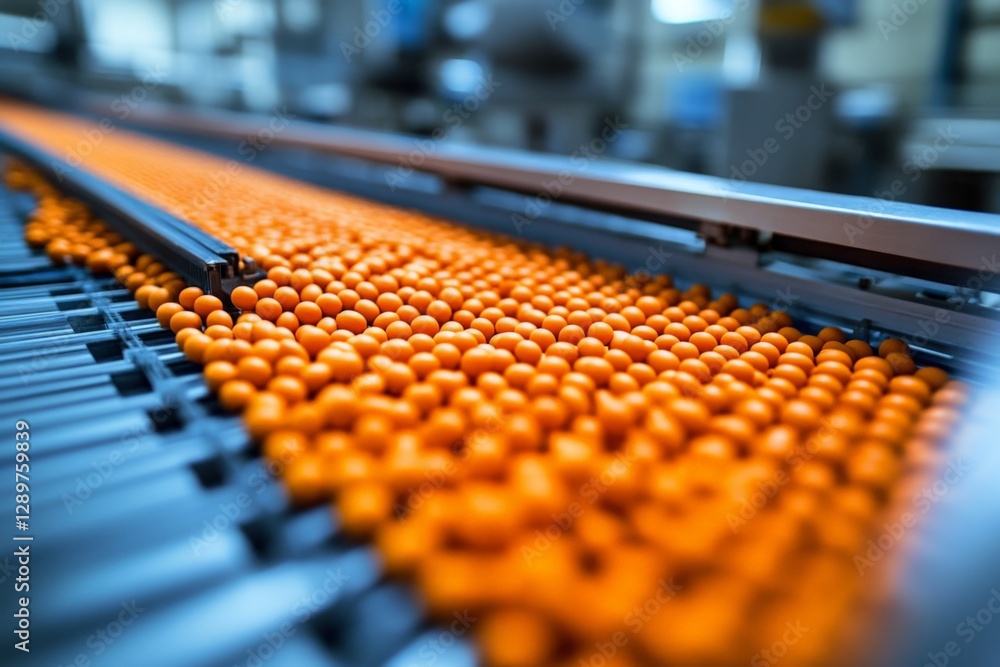 Fototapeta premium Colorful orange spheres moving along a conveyor belt in a manufacturing facility