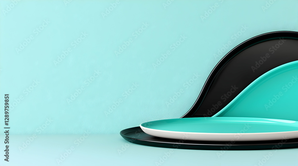 Aqua and Black Geometric Display Platform on Teal Background Aqua and Black Geometric Display Platform on Teal Background