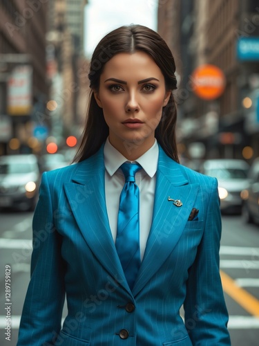 Wallpaper Mural Attractive adult american gal in cyan themed formal suit portrait on busy city street background, facing front and looking serious Torontodigital.ca