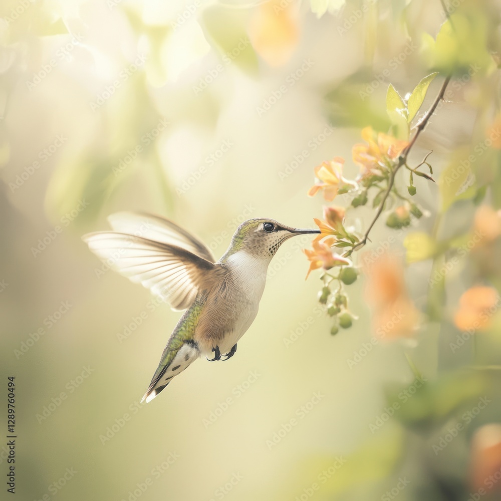 Fototapeta premium Hummingbird feeding on orange blossoms in soft sunlight.
