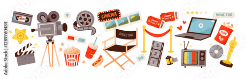 Cinema accessories set. Movie items, clapperboard, popcorn, film, camera, ticket and soda. Cinematography and filmmaking. Flat vector illustration.