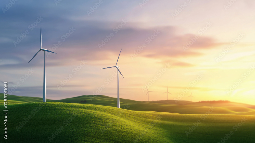 Fototapeta premium Wind turbines on green hills under vibrant sunset sky, symbolizing renewable energy