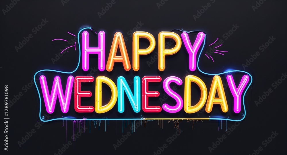 Obraz premium happy Wednesday colorful neon graffiti lettering on plain black background