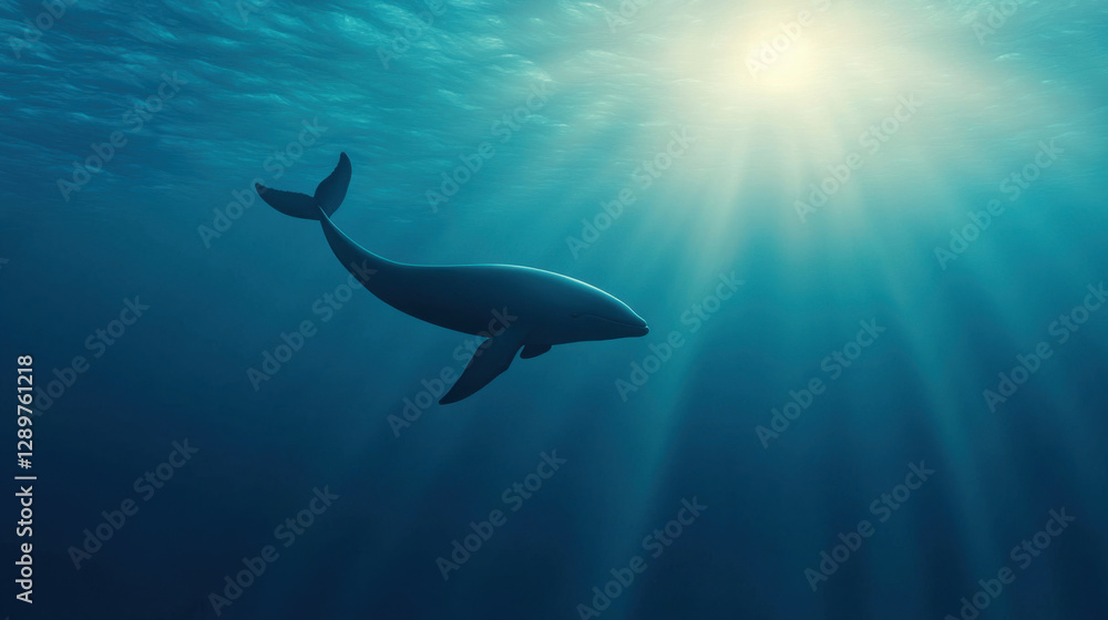 Fototapeta premium majestic whale swims gracefully underwater with sunlight streaming through