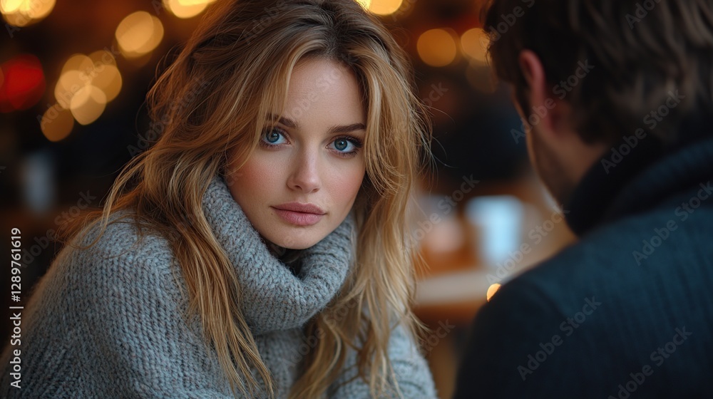 Woman in cafe, looking at viewer, man in background, bokeh lights Woman in cafe, looking at viewer, man in background, bokeh lights