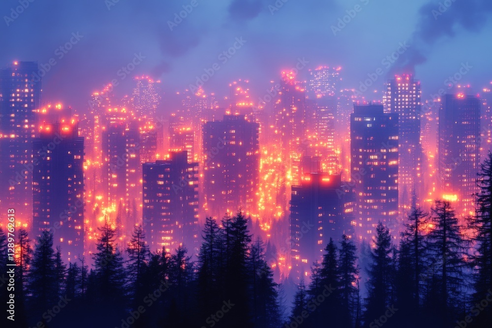 Fototapeta premium Urban skyline engulfed in flames at night creating a dramatic, fiery atmosphere