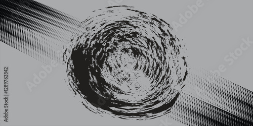 black circular grunge texture, brush strokes isolated on gray background.