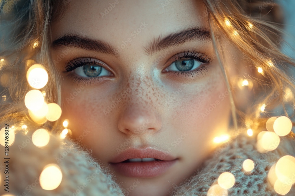 Fototapeta premium Close-up of a young woman with stunning blue eyes surrounded by glowing lights during a cozy winter evening