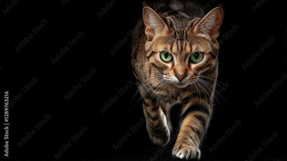 Fototapeta premium Fierce Bengal cat with striking green eyes walking towards camera on black dramatic background