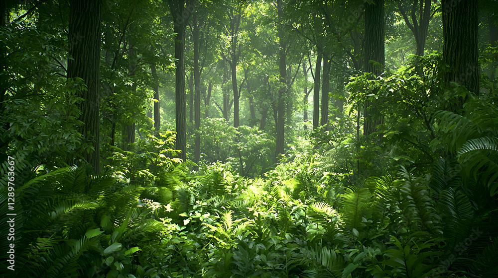 Fototapeta premium Lush Green Forest Sunlight Through Trees