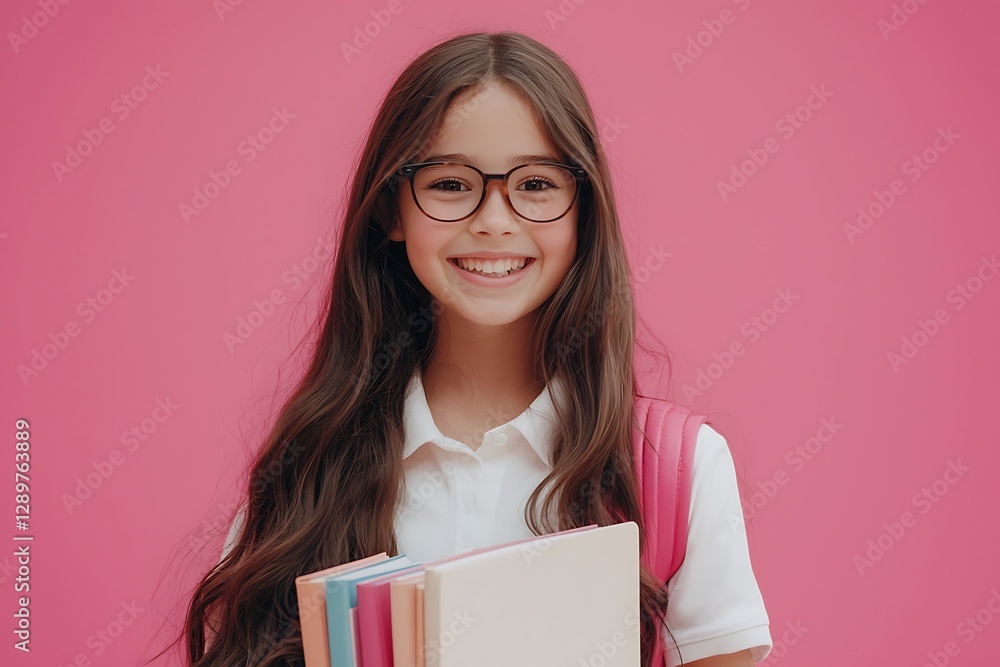 A young girl with long brown hair and glasses, we A young girl with long brown hair and glasses, we