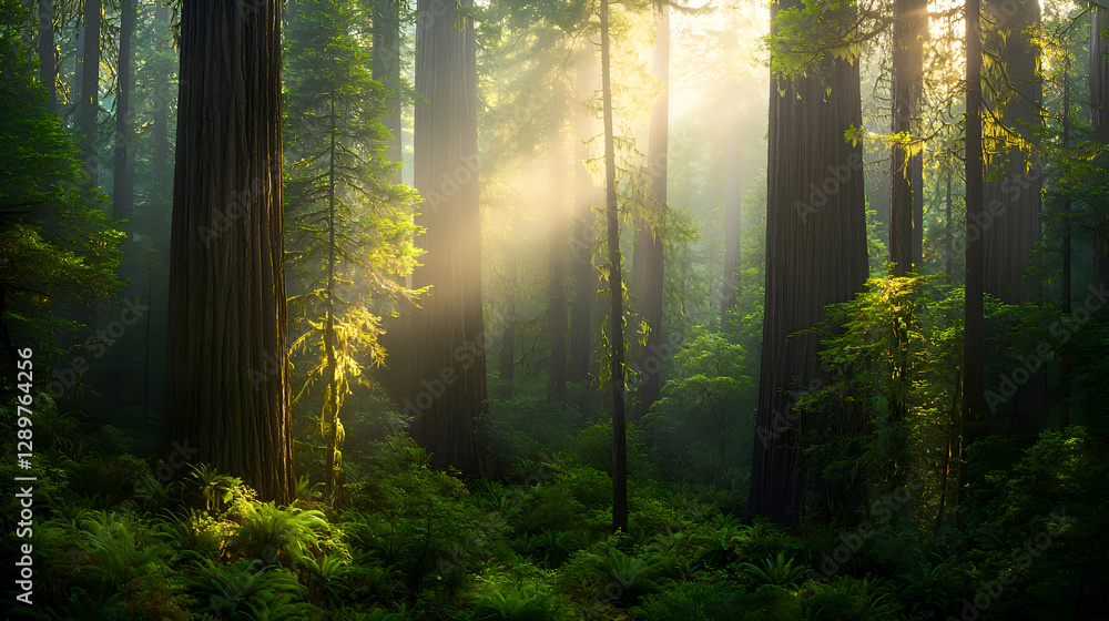 Obraz premium Sunlight Streaming Through Redwood Forest