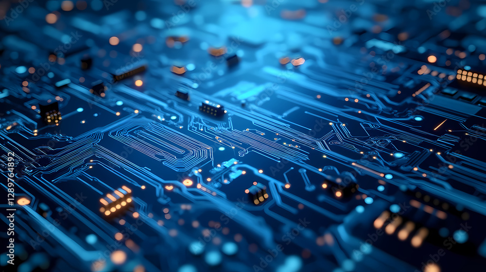 Close-up of a blue circuit board with orange-yellow components Close-up of a blue circuit board with orange-yellow components