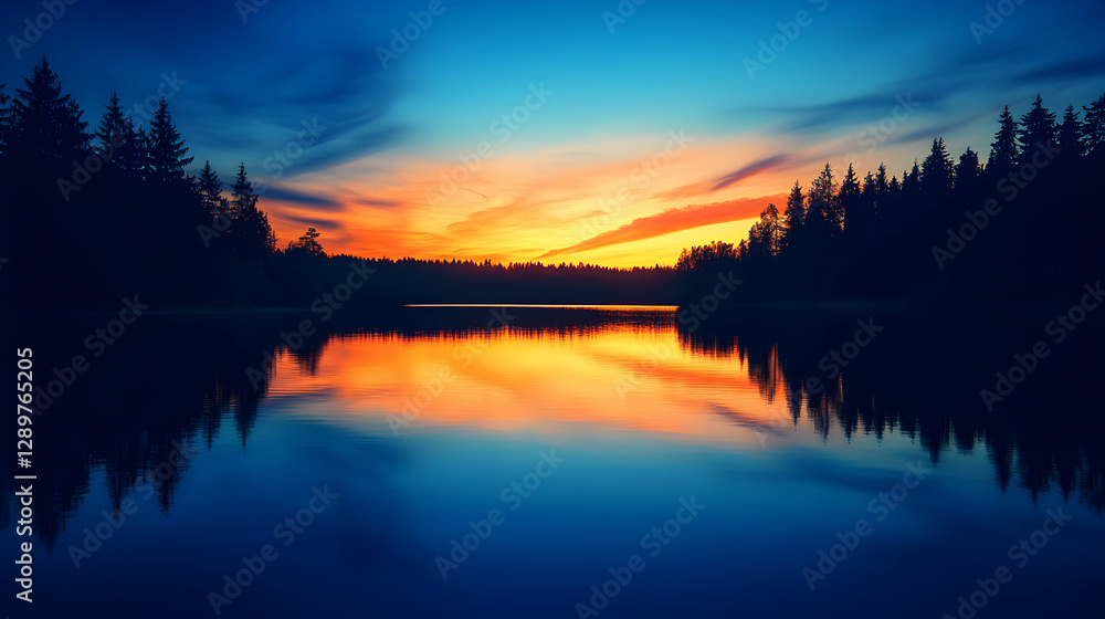 Fototapeta premium Serene sunset reflecting off calm lake waters creating a picturesque landscape view