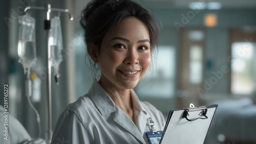 Asian Healthcare Professional Nurse Smiling in Hospital Corridor with Clipboard