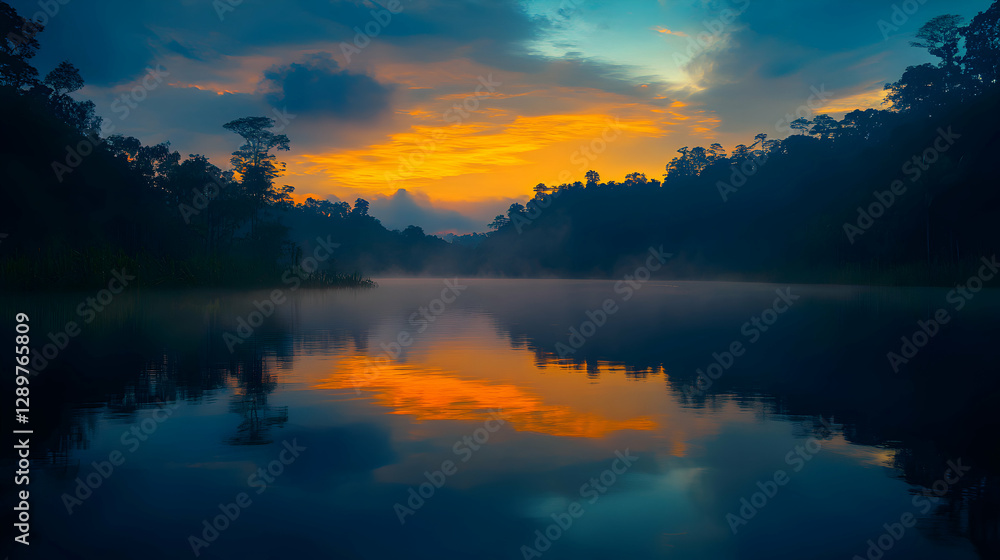 Fototapeta premium Serene twilight lake reflection, misty morning landscape with stunning sky colors